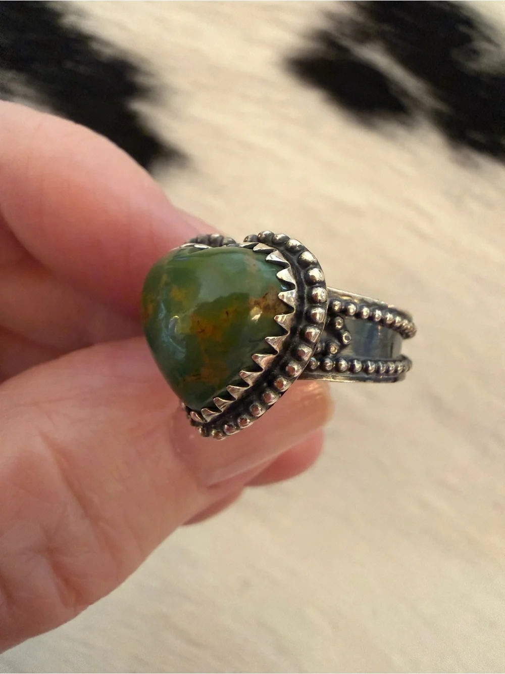 ❤️ Kingman Green Turquoise Heart Sterling Silver Navajo Style Western Ring SZ 7 - Picture 4 of 17